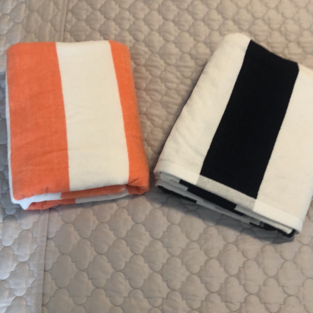 New set of oversized stripe beach towels. Navy/white & mango/white